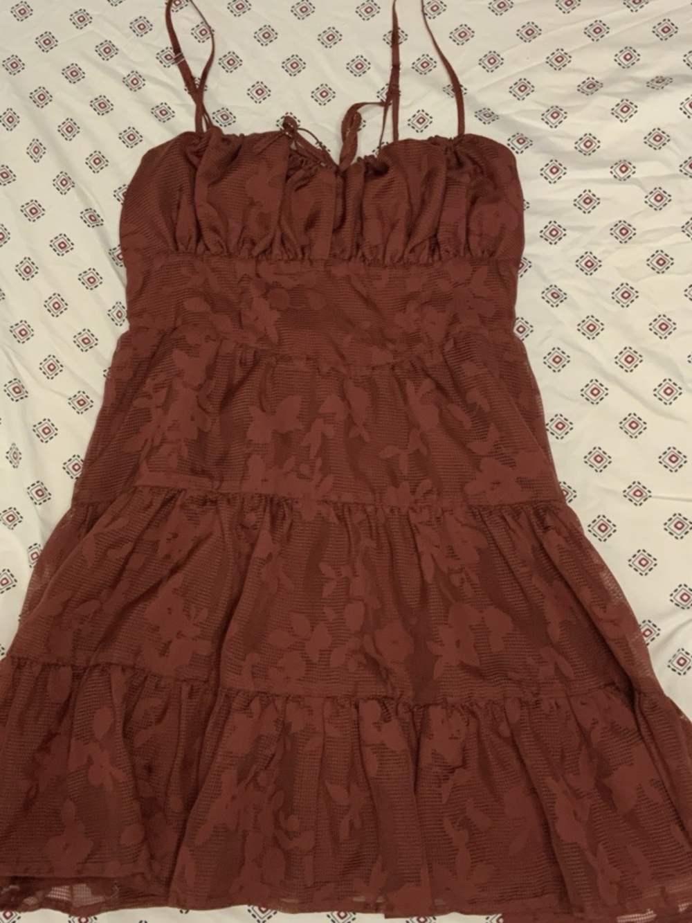 Altar'd State Women’s Brown Dress Small Straps Floral Lace Short Scrunch Red